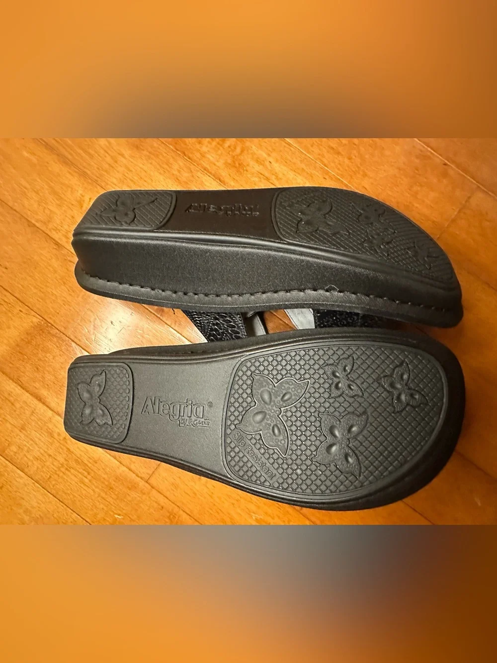 Alegria Black Embossed Leather Slide Sandals with Decorative Medallions